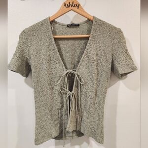 Zara Sage Green Tie-Front Short Sleeve Top